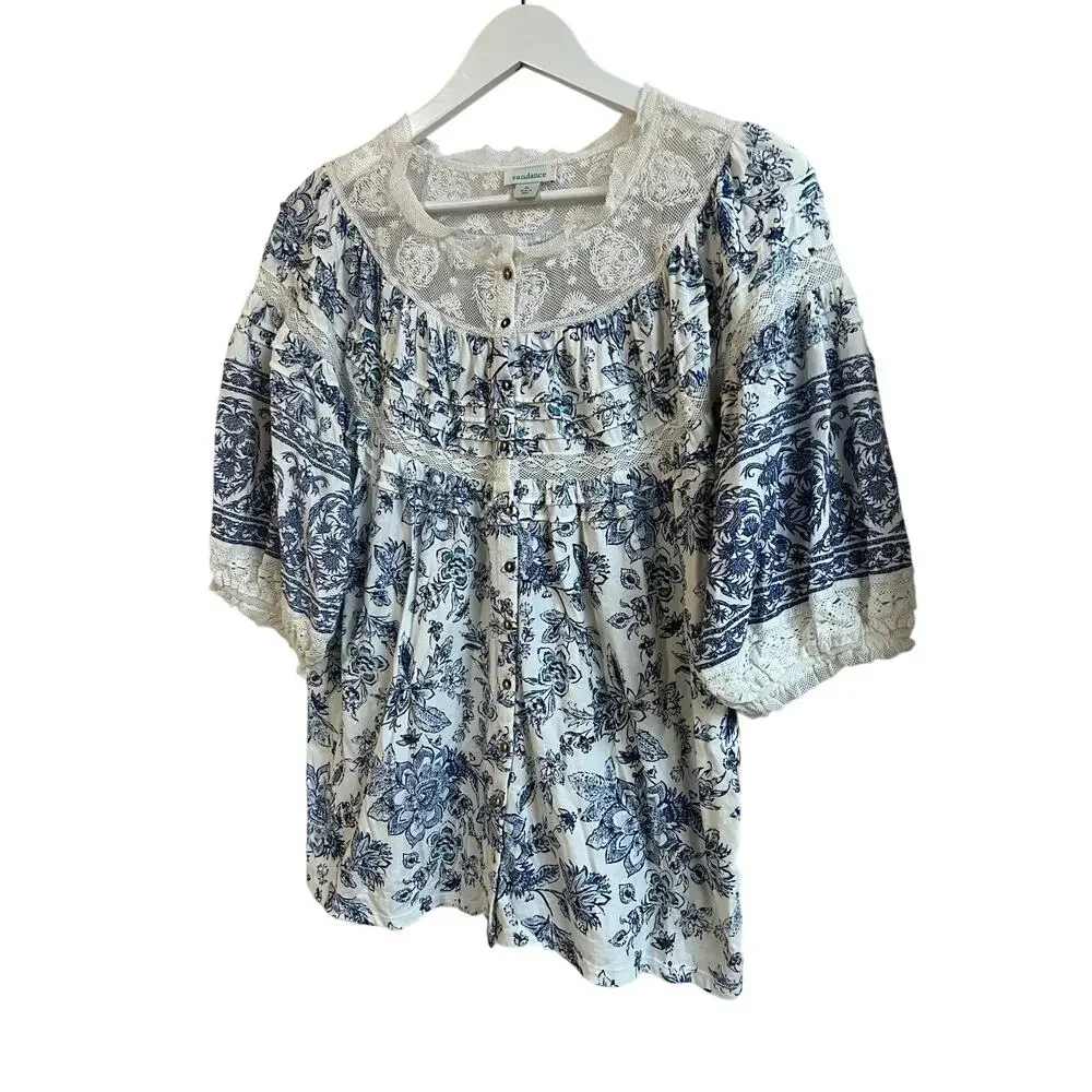 SUNDANCE WOMENS TOP SZ MEDIUM LACE DETAIL RUFFLED  COTTON BLEND WHITE BLUE BOHO - Picture 9 of 11
